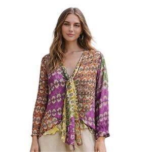 Zara Multicolor Patchwork Boho Festival Tie Front Blouse Size Small